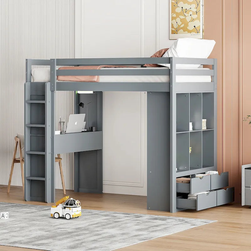 Loft Bed with Large Shelves, Writing Desk and LED Light