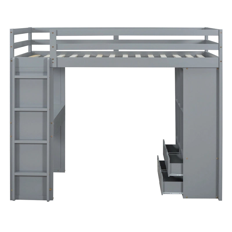 Loft Bed with Large Shelves, Writing Desk and LED Light