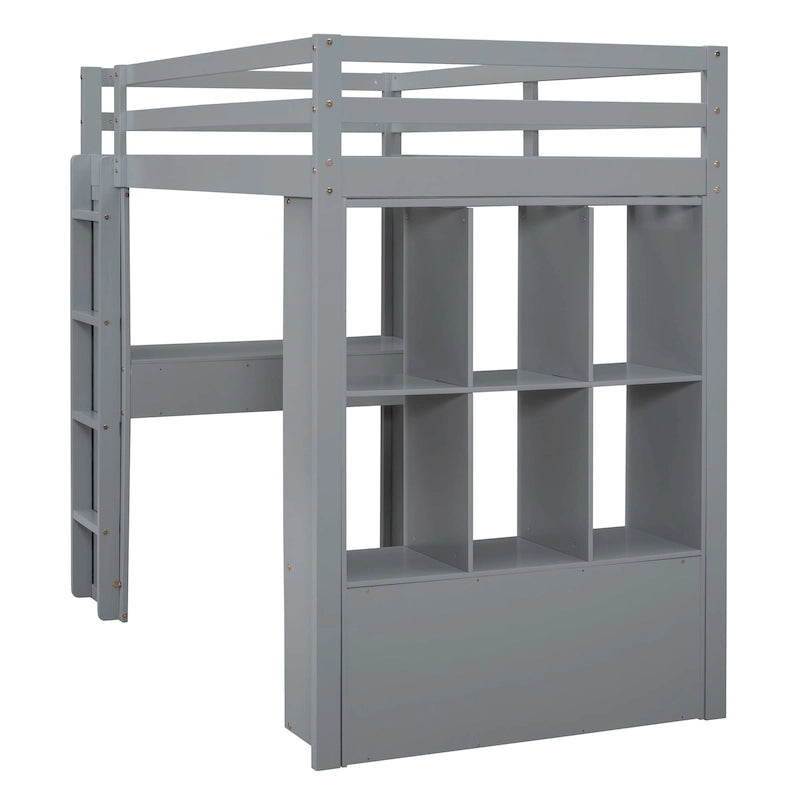 Loft Bed with Large Shelves, Writing Desk and LED Light