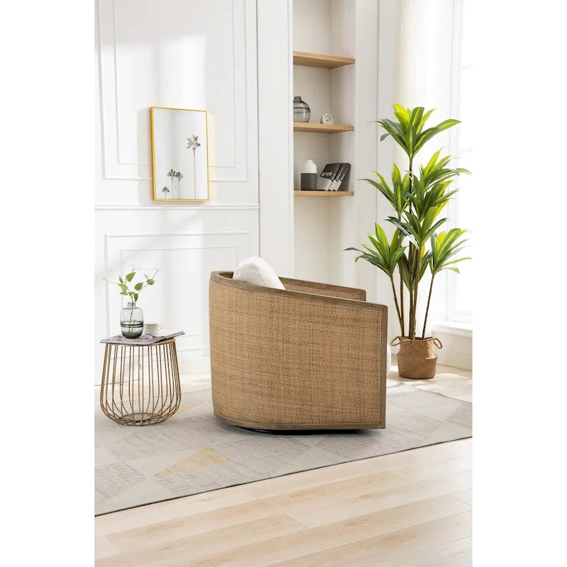 Swivel Barrel Chair, Comfy Round Accent Chair, 360 Degree Swivel Barrel Club Chair, Leisure Arm Chair with Rattan Woven Frame