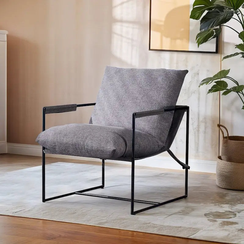 Linen Sling Chair Indoor Modern Accent Chair with Two Removable Soft Cushion Industrial Style Chair with Metal Frame Comfy Chair
