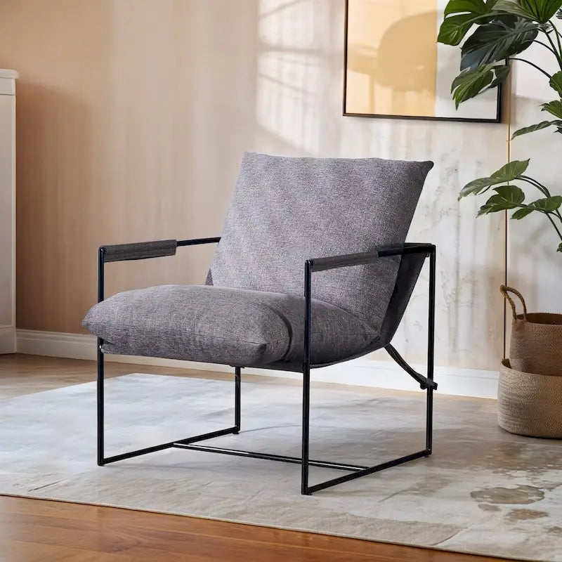 Linen Sling Chair Indoor Modern Accent Chair with Two Removable Soft Cushion Industrial Style Chair with Metal Frame Comfy Chair