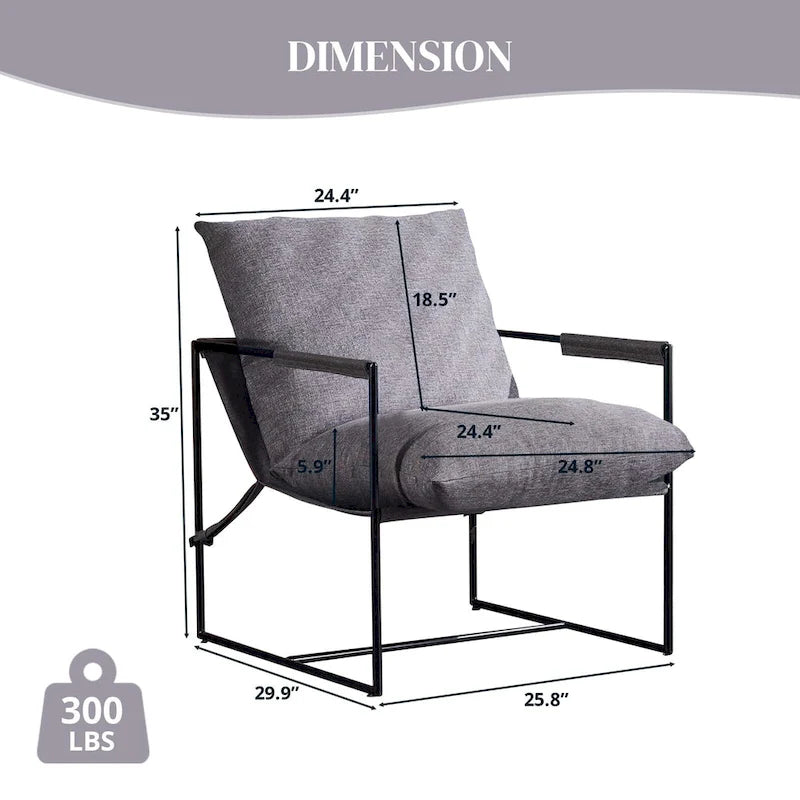 Linen Sling Chair Indoor Modern Accent Chair with Two Removable Soft Cushion Industrial Style Chair with Metal Frame Comfy Chair