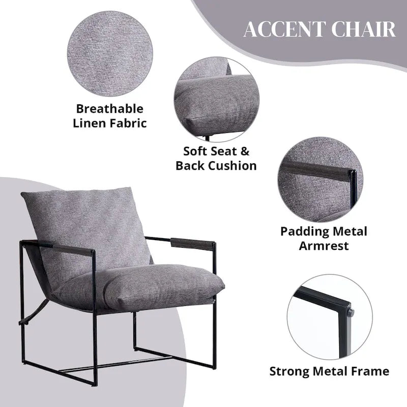 Linen Sling Chair Indoor Modern Accent Chair with Two Removable Soft Cushion Industrial Style Chair with Metal Frame Comfy Chair