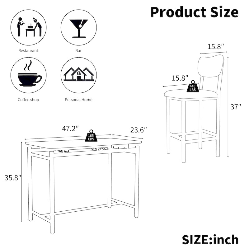 3 Piece Dining Bar Set with 2 Chairs