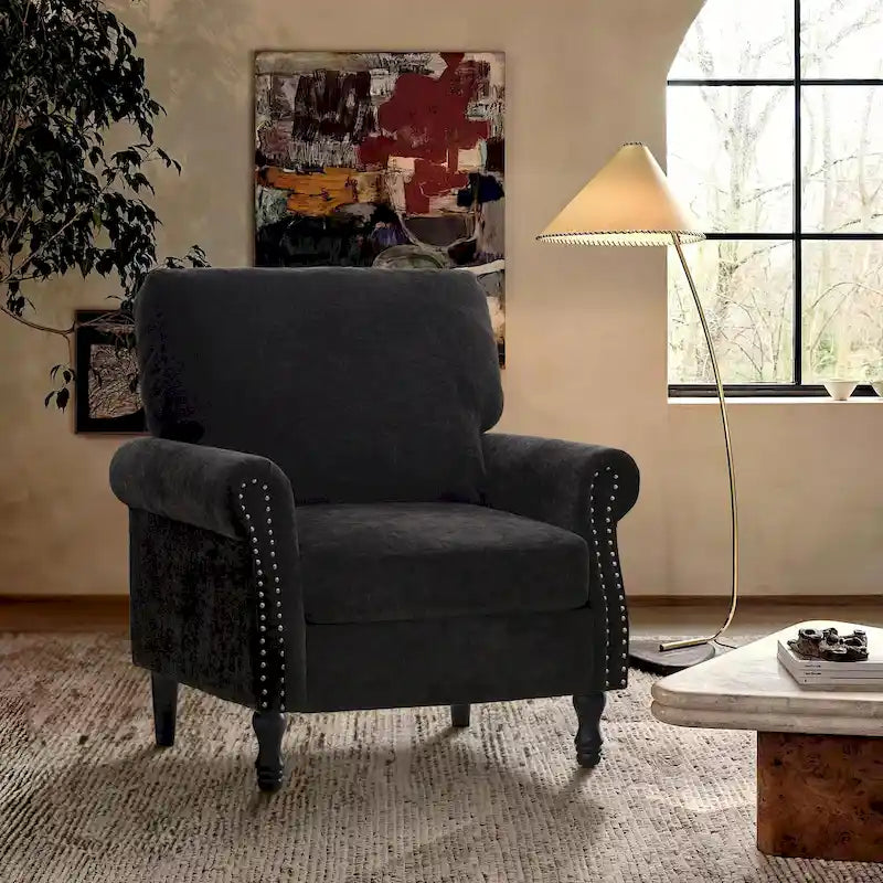 Modern Upholstered Armchair Nailhead Trim Accent Chair with Wood Legs