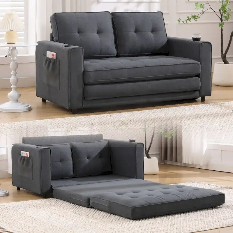 Foldable Tufted Loveseat with Pull Out Convertible Sleeper Couch Bed