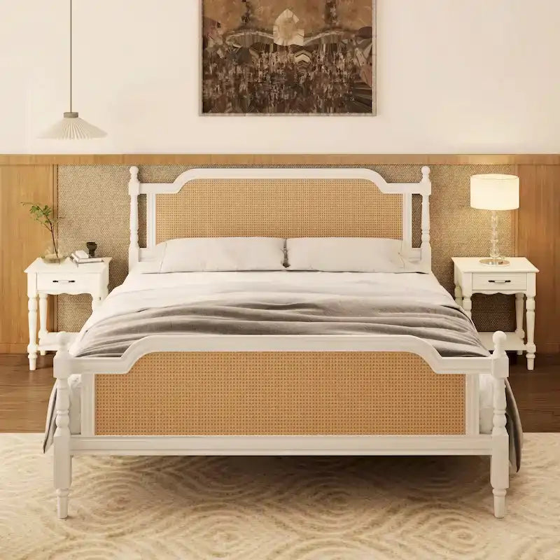 Merax Traditional Style Platform Bed with Rattan Headboard and Footboard