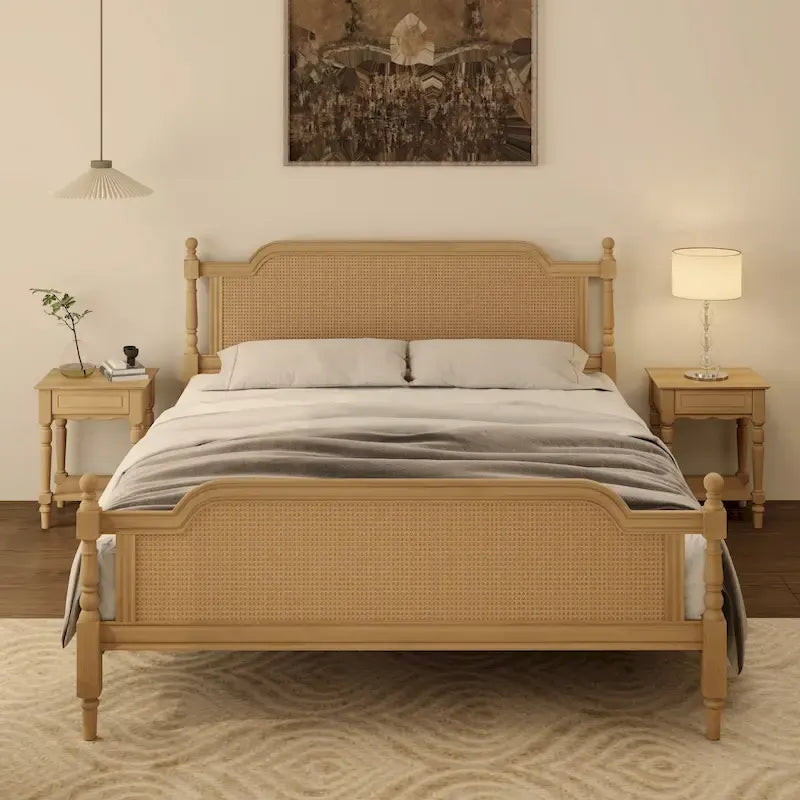 Merax Traditional Style Platform Bed with Rattan Headboard and Footboard