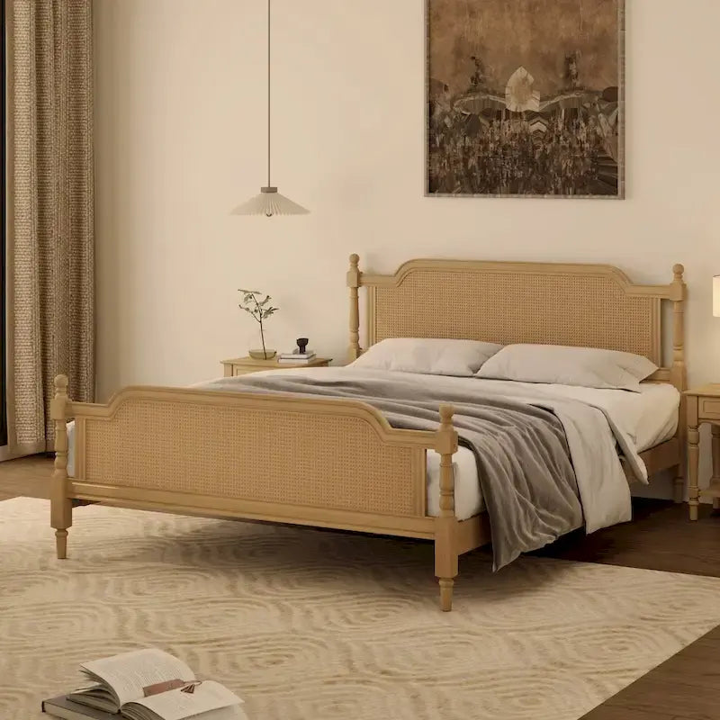 Merax Traditional Style Platform Bed with Rattan Headboard and Footboard