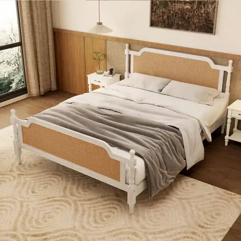 Merax Traditional Style Platform Bed with Rattan Headboard and Footboard