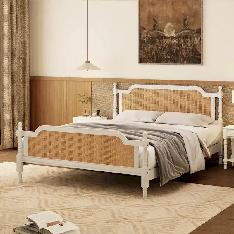 Merax Traditional Style Platform Bed with Rattan Headboard and Footboard